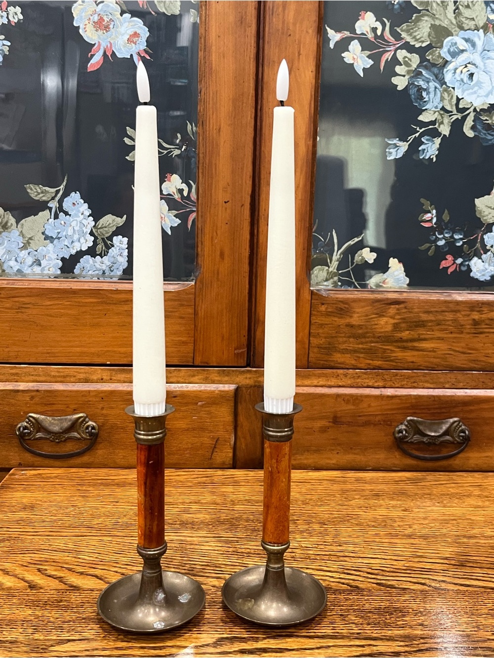 Vintage Wood & Brass Candle Holders – Pair (2) READ